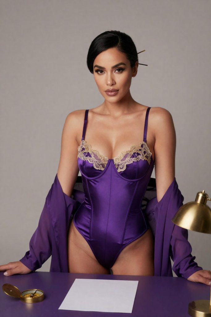 PornFindPro muse in a royal purple satin corset with gold lace at the compass desk